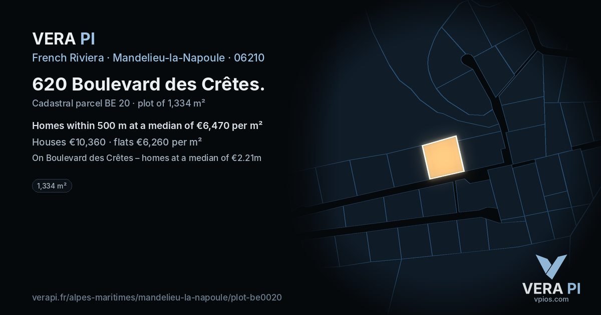 620 Boulevard des Crêtes, Mandelieu-la-Napoule at night – the plot lit, the parcels around coloured by the prices near them