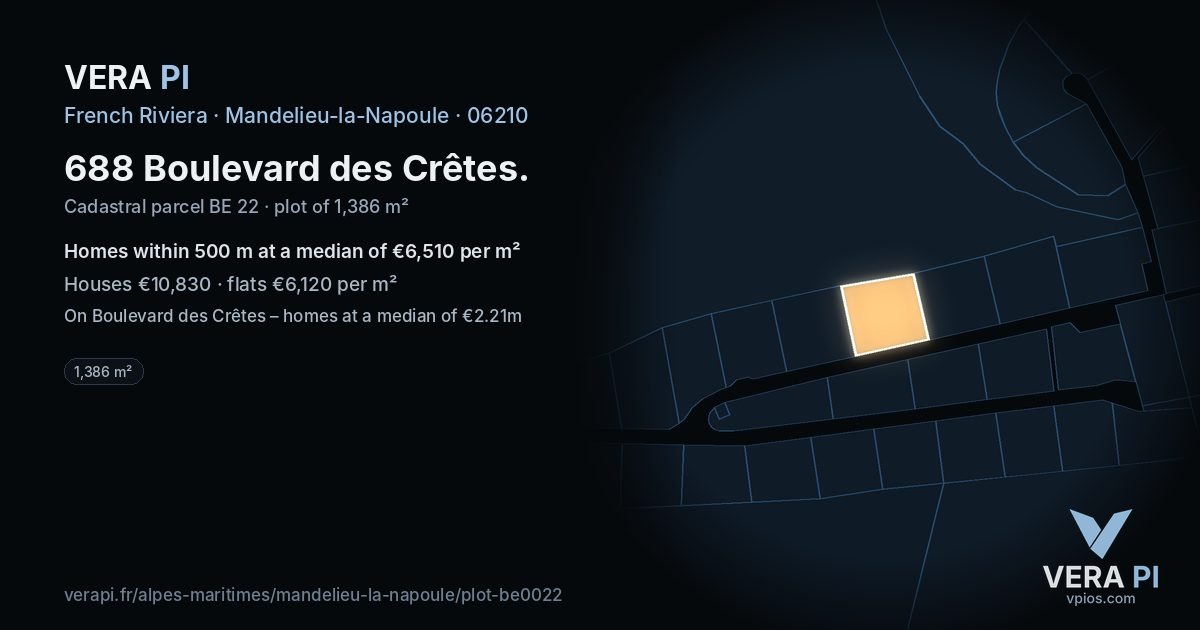 688 Boulevard des Crêtes, Mandelieu-la-Napoule at night – the plot lit, the parcels around coloured by the prices near them