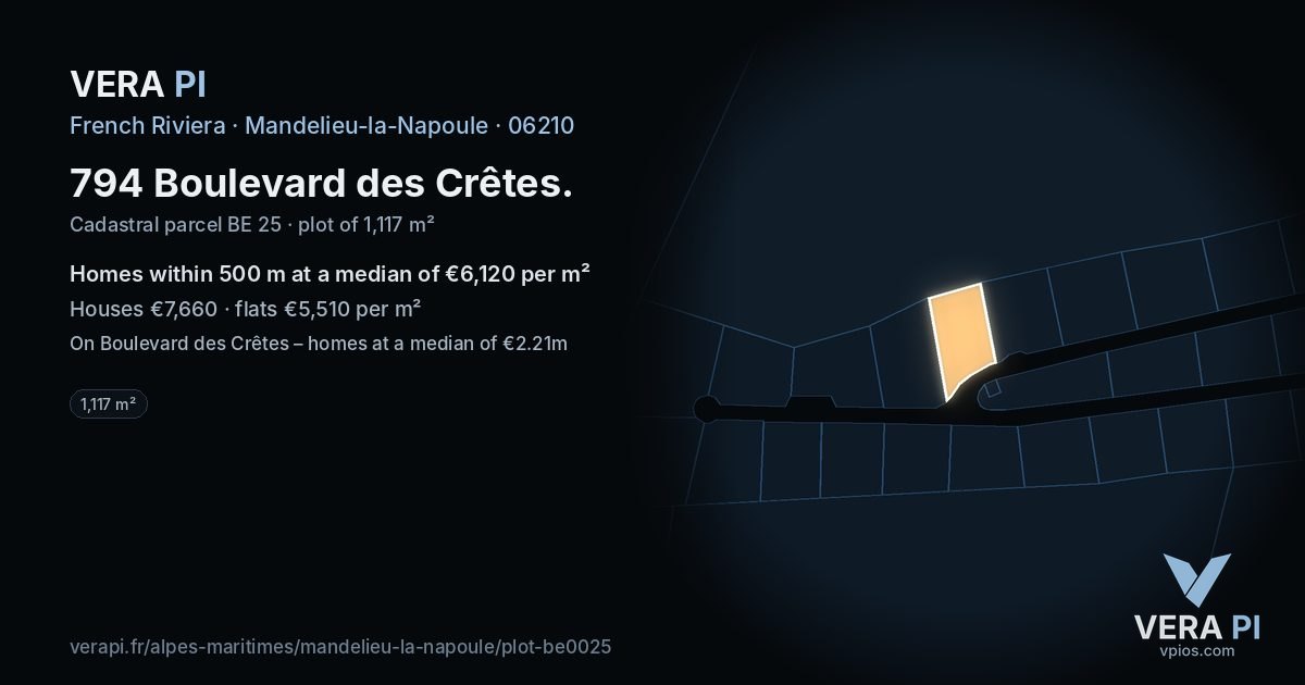794 Boulevard des Crêtes, Mandelieu-la-Napoule at night – the plot lit, the parcels around coloured by the prices near them