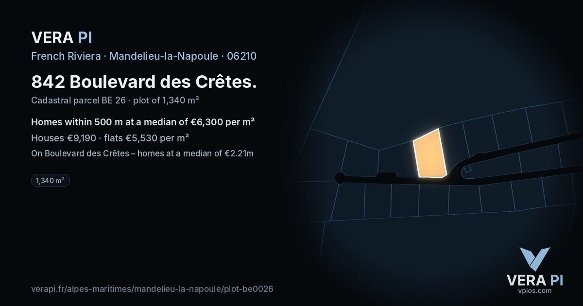 842 Boulevard des Crêtes, Mandelieu-la-Napoule at night – the plot lit, the parcels around coloured by the prices near them
