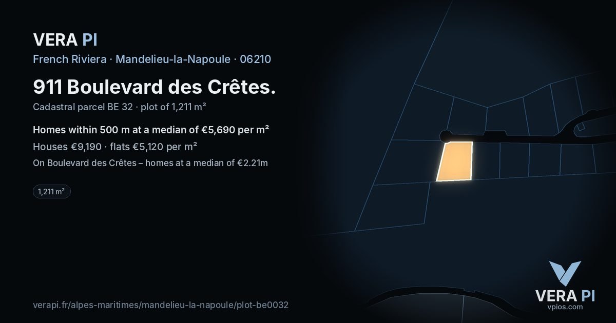 911 Boulevard des Crêtes, Mandelieu-la-Napoule at night – the plot lit, the parcels around coloured by the prices near them