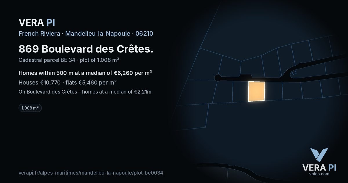 869 Boulevard des Crêtes, Mandelieu-la-Napoule at night – the plot lit, the parcels around coloured by the prices near them