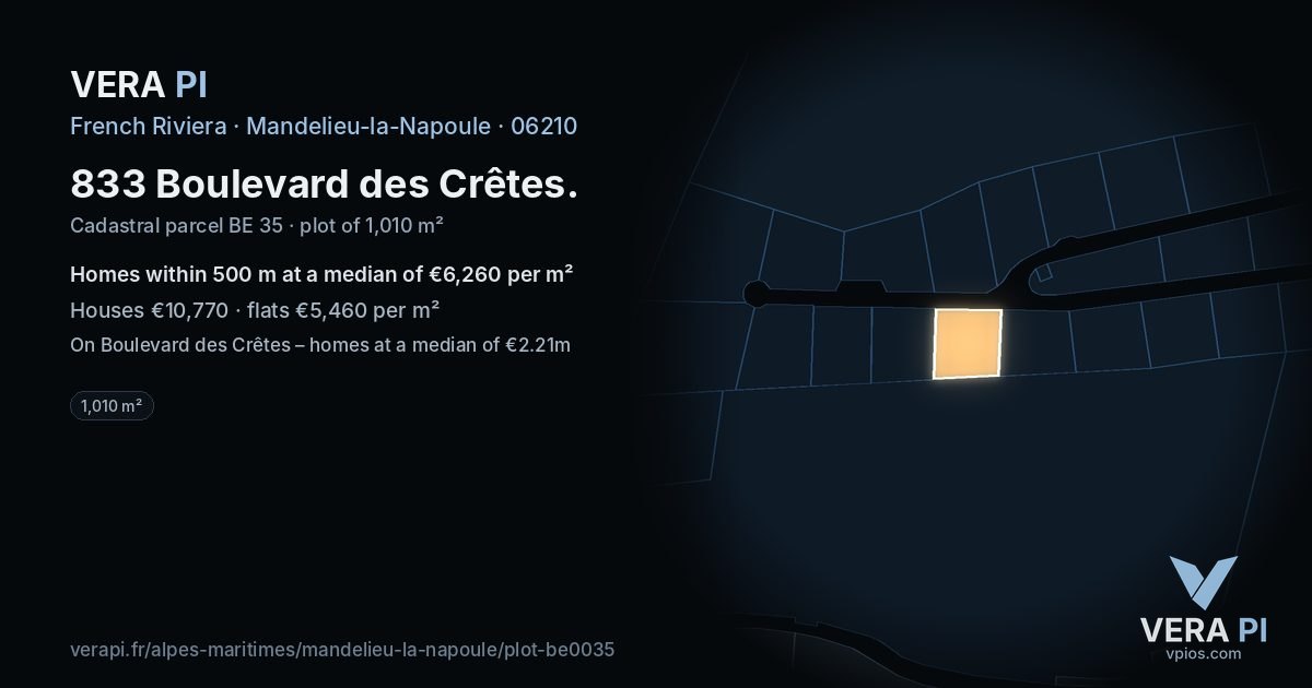 833 Boulevard des Crêtes, Mandelieu-la-Napoule at night – the plot lit, the parcels around coloured by the prices near them