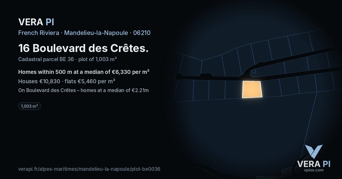 16 Boulevard des Crêtes, Mandelieu-la-Napoule at night – the plot lit, the parcels around coloured by the prices near them