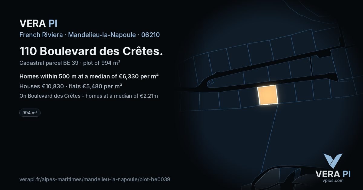110 Boulevard des Crêtes, Mandelieu-la-Napoule at night – the plot lit, the parcels around coloured by the prices near them