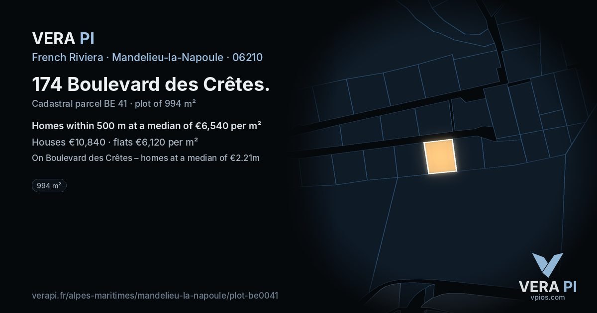 174 Boulevard des Crêtes, Mandelieu-la-Napoule at night – the plot lit, the parcels around coloured by the prices near them