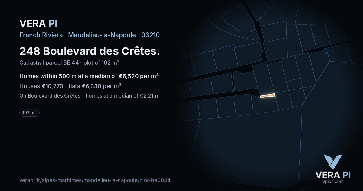 248 Boulevard des Crêtes, Mandelieu-la-Napoule at night – the plot lit, the parcels around coloured by the prices near them
