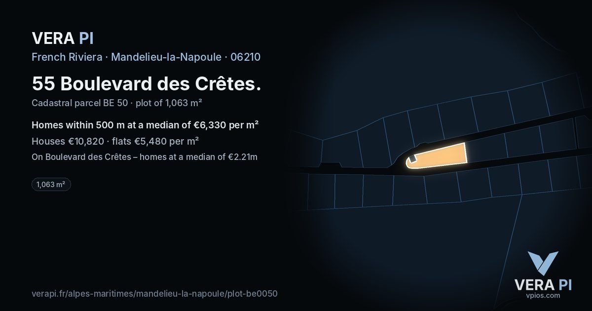 55 Boulevard des Crêtes, Mandelieu-la-Napoule at night – the plot lit, the parcels around coloured by the prices near them