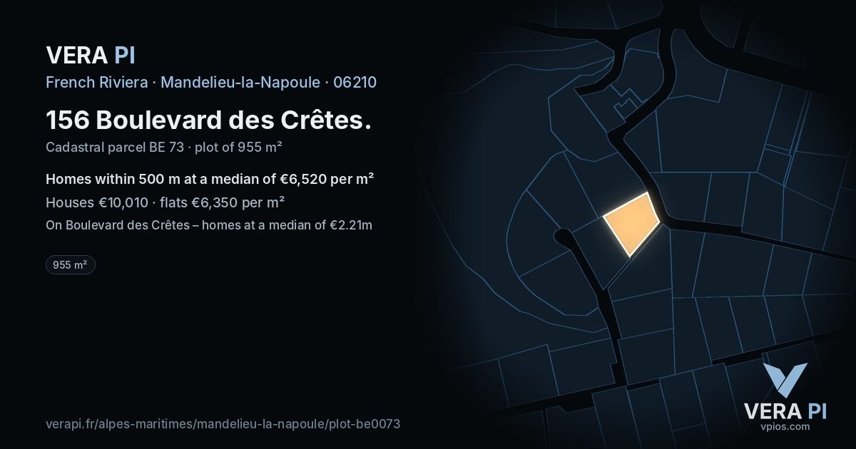 156 Boulevard des Crêtes, Mandelieu-la-Napoule at night – the plot lit, the parcels around coloured by the prices near them