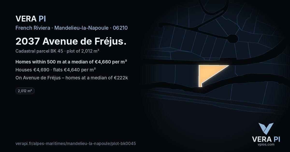 2037 Avenue de Fréjus, Mandelieu-la-Napoule at night – the plot lit, the parcels around coloured by the prices near them