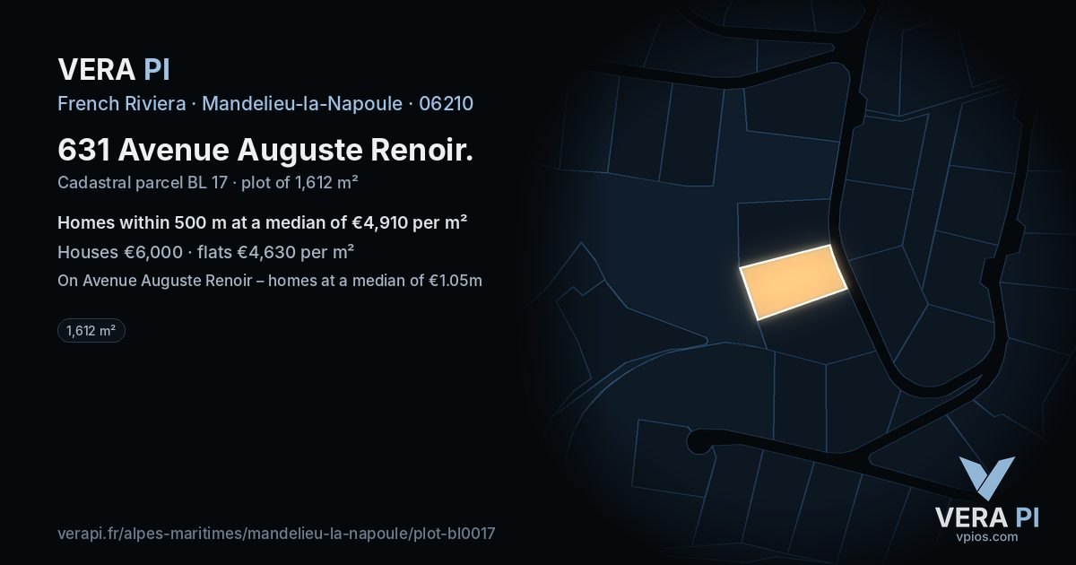 631 Avenue Auguste Renoir, Mandelieu-la-Napoule at night – the plot lit, the parcels around coloured by the prices near them