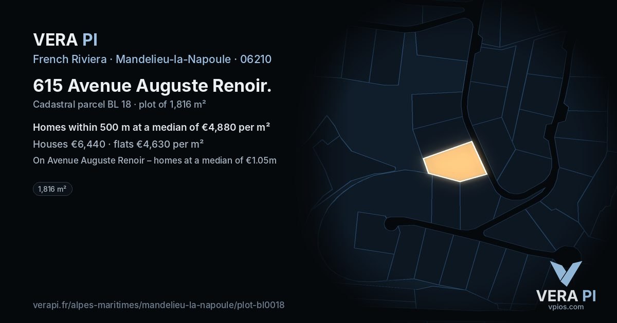 615 Avenue Auguste Renoir, Mandelieu-la-Napoule at night – the plot lit, the parcels around coloured by the prices near them