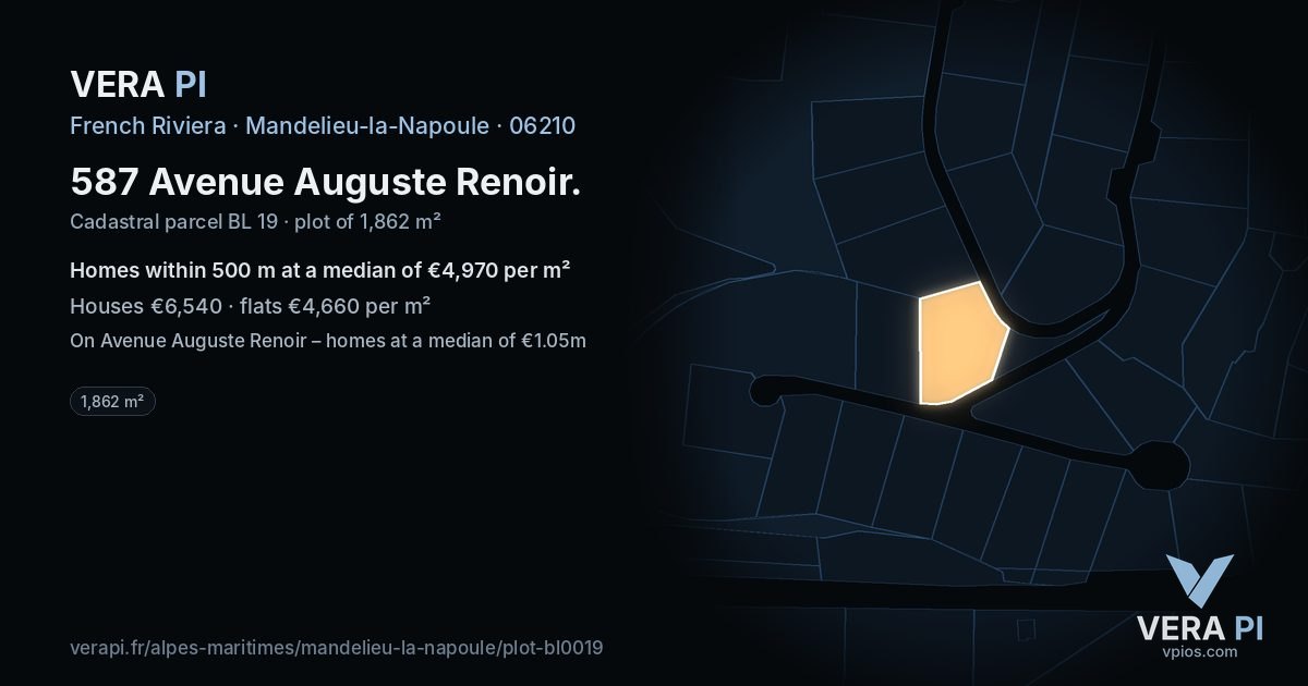 587 Avenue Auguste Renoir, Mandelieu-la-Napoule at night – the plot lit, the parcels around coloured by the prices near them