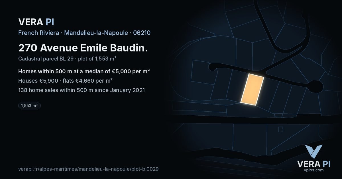 270 Avenue Emile Baudin, Mandelieu-la-Napoule at night – the plot lit, the parcels around coloured by the prices near them