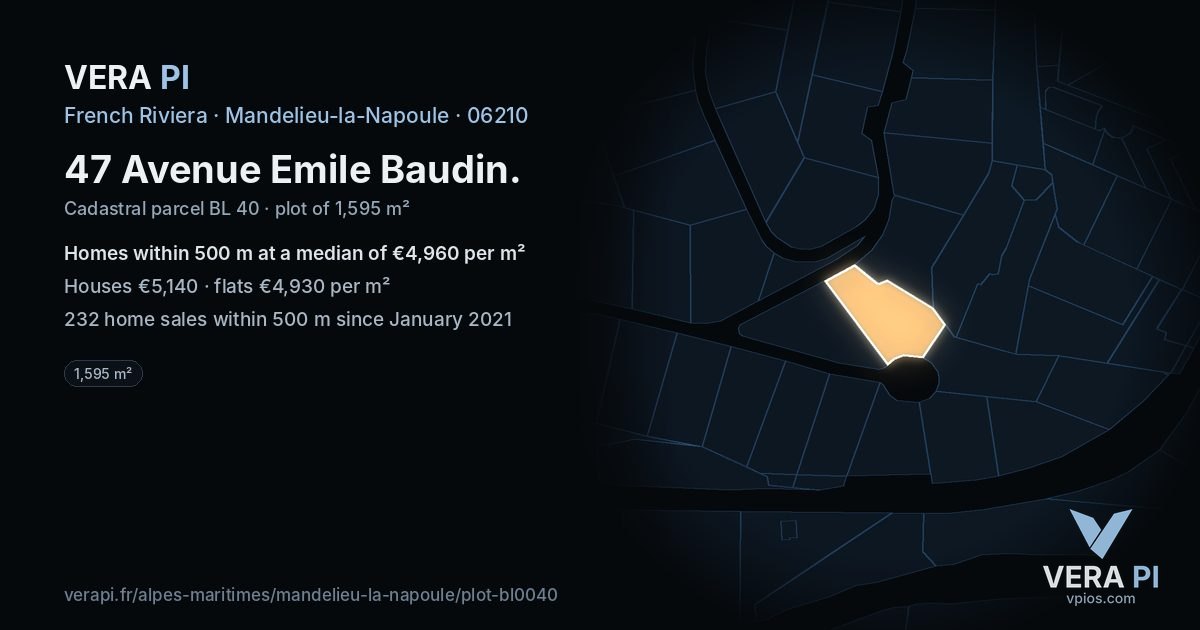 47 Avenue Emile Baudin, Mandelieu-la-Napoule at night – the plot lit, the parcels around coloured by the prices near them