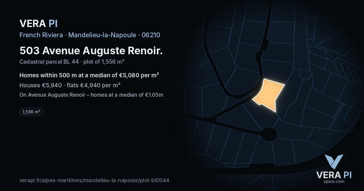 503 Avenue Auguste Renoir, Mandelieu-la-Napoule at night – the plot lit, the parcels around coloured by the prices near them