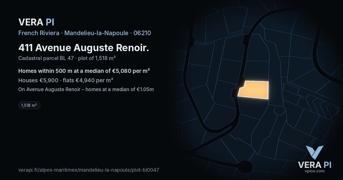 411 Avenue Auguste Renoir, Mandelieu-la-Napoule at night – the plot lit, the parcels around coloured by the prices near them