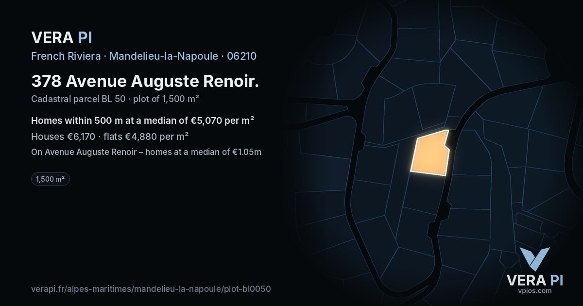 378 Avenue Auguste Renoir, Mandelieu-la-Napoule at night – the plot lit, the parcels around coloured by the prices near them