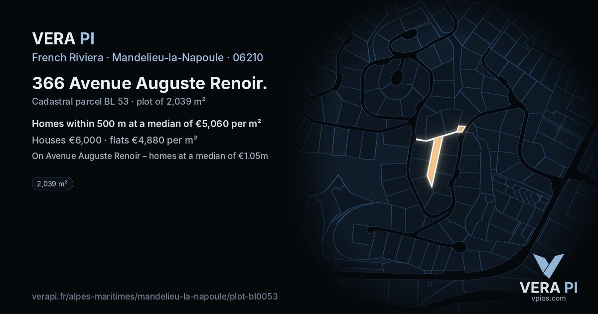 366 Avenue Auguste Renoir, Mandelieu-la-Napoule at night – the plot lit, the parcels around coloured by the prices near them
