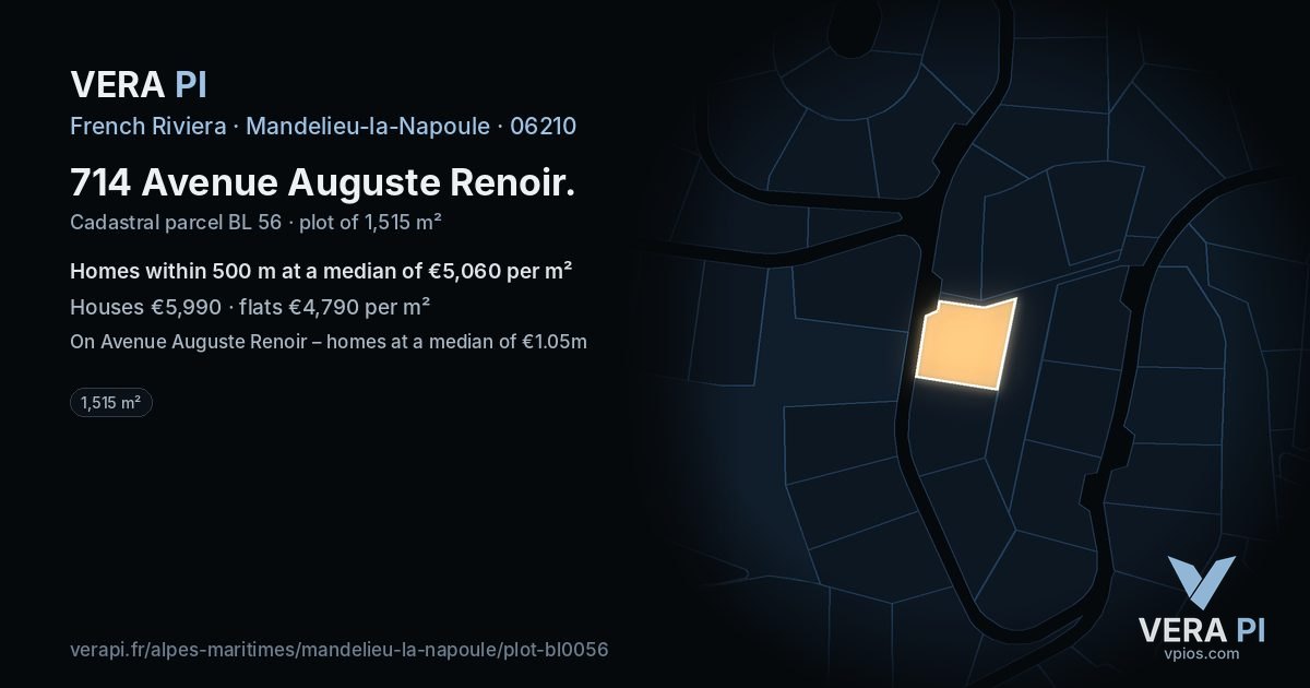 714 Avenue Auguste Renoir, Mandelieu-la-Napoule at night – the plot lit, the parcels around coloured by the prices near them