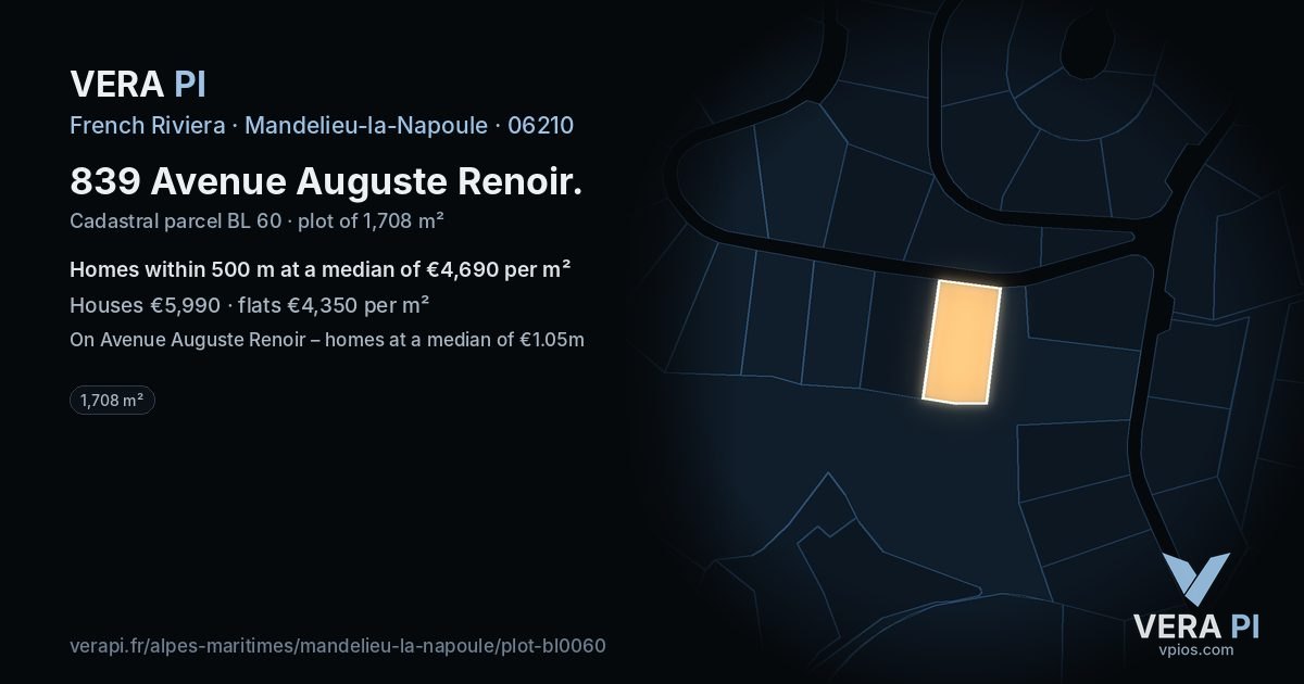 839 Avenue Auguste Renoir, Mandelieu-la-Napoule at night – the plot lit, the parcels around coloured by the prices near them
