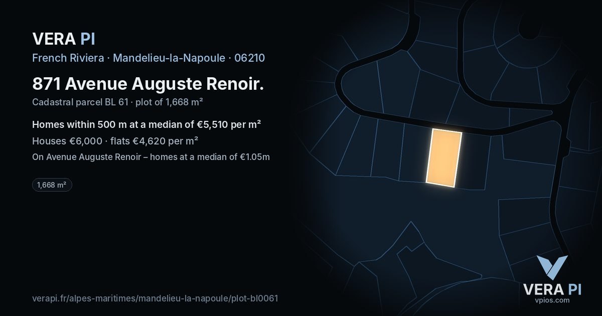 871 Avenue Auguste Renoir, Mandelieu-la-Napoule at night – the plot lit, the parcels around coloured by the prices near them