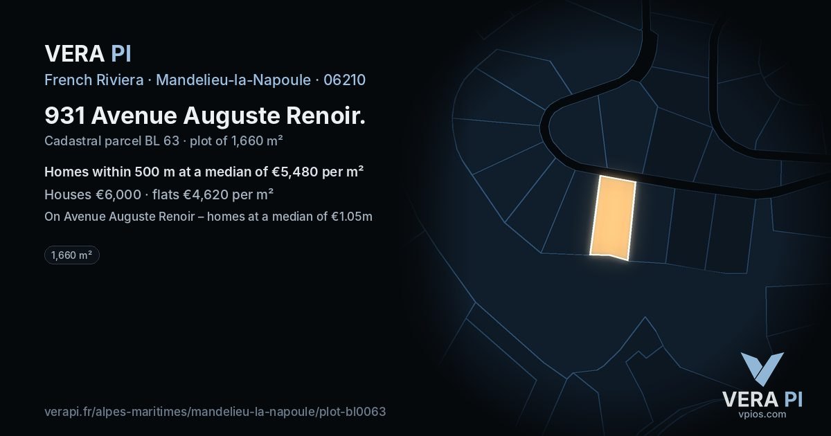 931 Avenue Auguste Renoir, Mandelieu-la-Napoule at night – the plot lit, the parcels around coloured by the prices near them