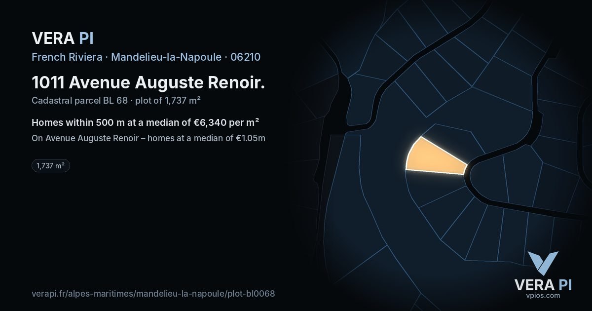 1011 Avenue Auguste Renoir, Mandelieu-la-Napoule at night – the plot lit, the parcels around coloured by the prices near them