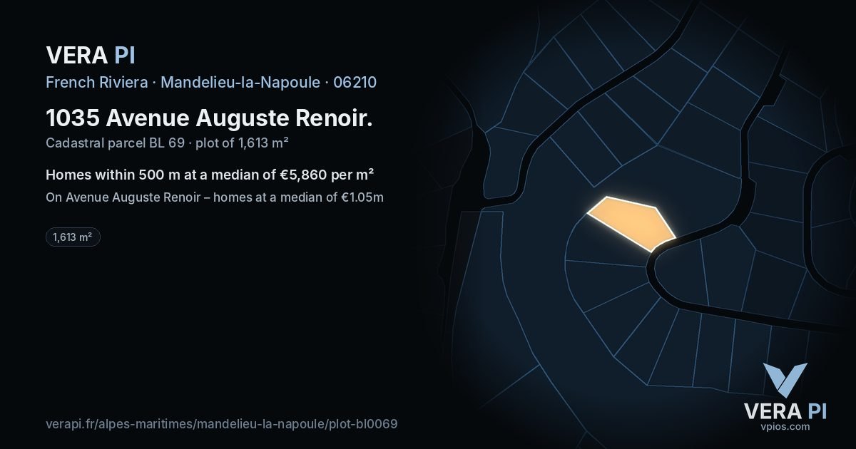 1035 Avenue Auguste Renoir, Mandelieu-la-Napoule at night – the plot lit, the parcels around coloured by the prices near them