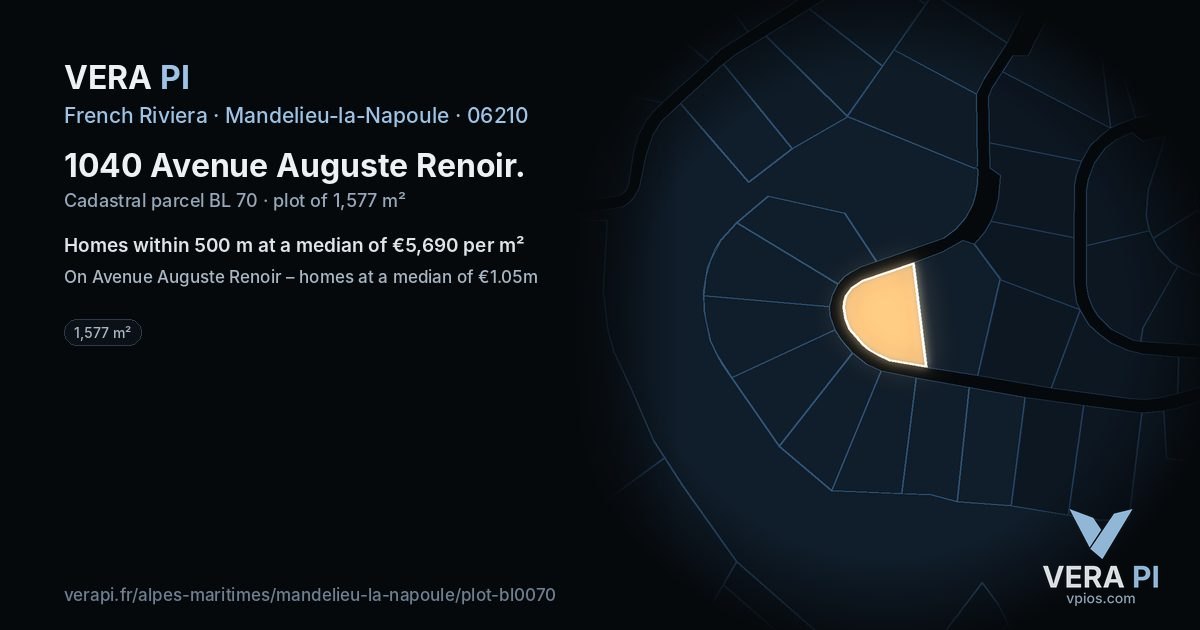 1040 Avenue Auguste Renoir, Mandelieu-la-Napoule at night – the plot lit, the parcels around coloured by the prices near them