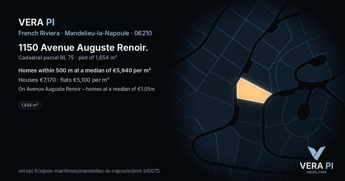 1150 Avenue Auguste Renoir, Mandelieu-la-Napoule at night – the plot lit, the parcels around coloured by the prices near them