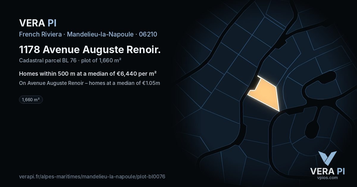 1178 Avenue Auguste Renoir, Mandelieu-la-Napoule at night – the plot lit, the parcels around coloured by the prices near them