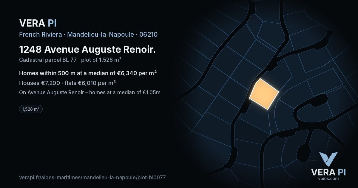1248 Avenue Auguste Renoir, Mandelieu-la-Napoule at night – the plot lit, the parcels around coloured by the prices near them