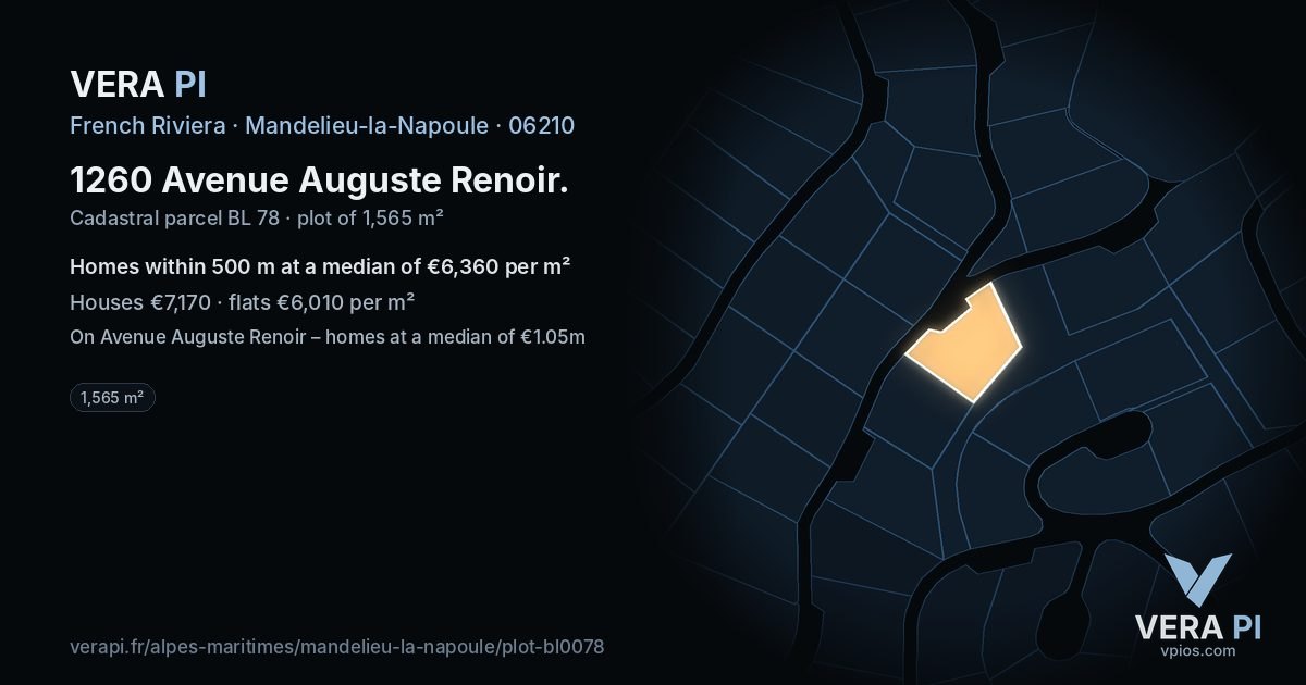 1260 Avenue Auguste Renoir, Mandelieu-la-Napoule at night – the plot lit, the parcels around coloured by the prices near them