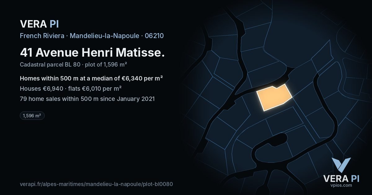 41 Avenue Henri Matisse, Mandelieu-la-Napoule at night – the plot lit, the parcels around coloured by the prices near them