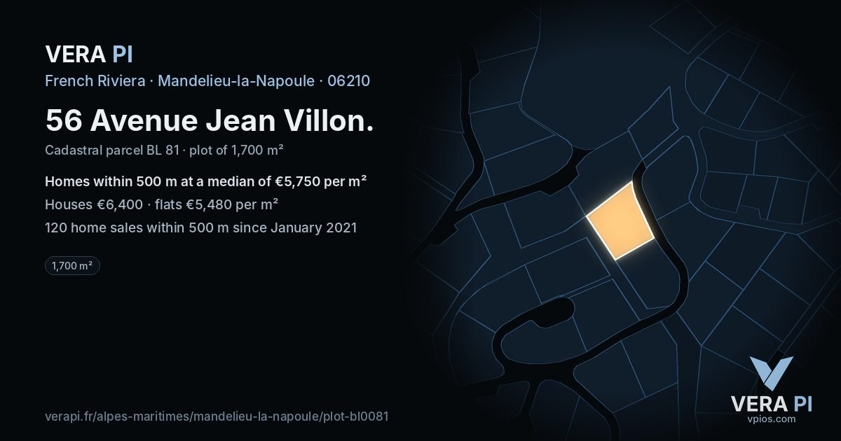56 Avenue Jean Villon, Mandelieu-la-Napoule at night – the plot lit, the parcels around coloured by the prices near them