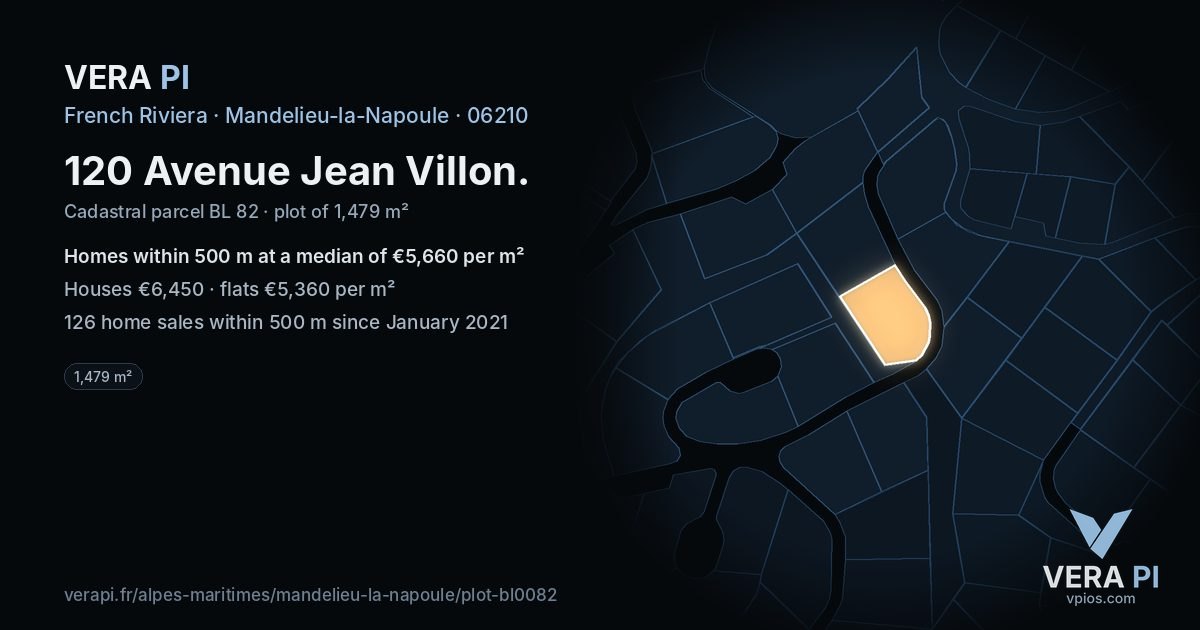 120 Avenue Jean Villon, Mandelieu-la-Napoule at night – the plot lit, the parcels around coloured by the prices near them