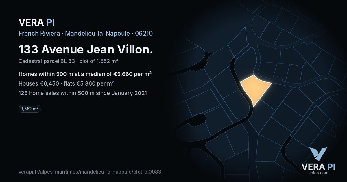 133 Avenue Jean Villon, Mandelieu-la-Napoule at night – the plot lit, the parcels around coloured by the prices near them