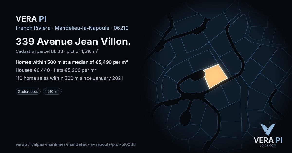 339 Avenue Jean Villon, Mandelieu-la-Napoule at night – the plot lit, the parcels around coloured by the prices near them