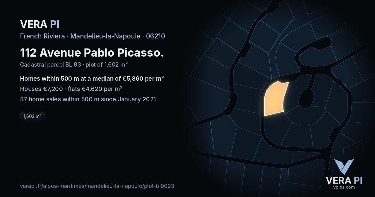 112 Avenue Pablo Picasso, Mandelieu-la-Napoule at night – the plot lit, the parcels around coloured by the prices near them