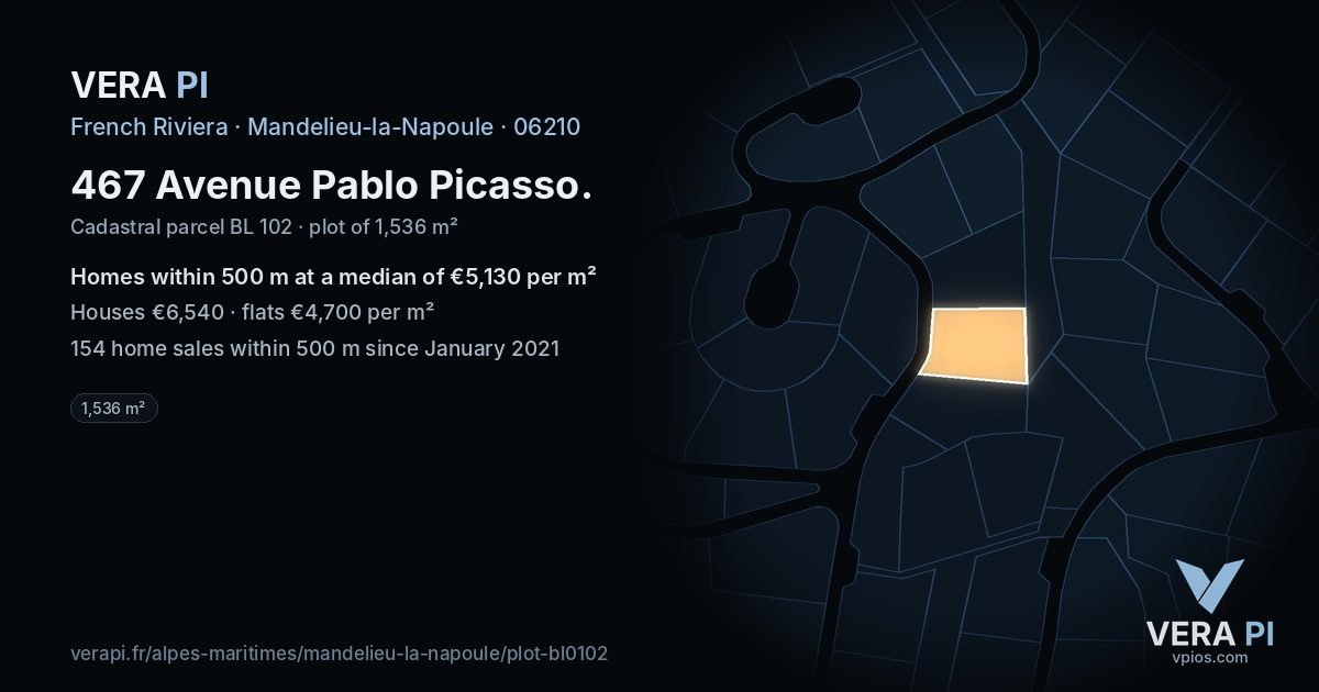 467 Avenue Pablo Picasso, Mandelieu-la-Napoule at night – the plot lit, the parcels around coloured by the prices near them