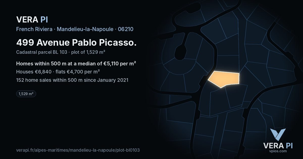 499 Avenue Pablo Picasso, Mandelieu-la-Napoule at night – the plot lit, the parcels around coloured by the prices near them
