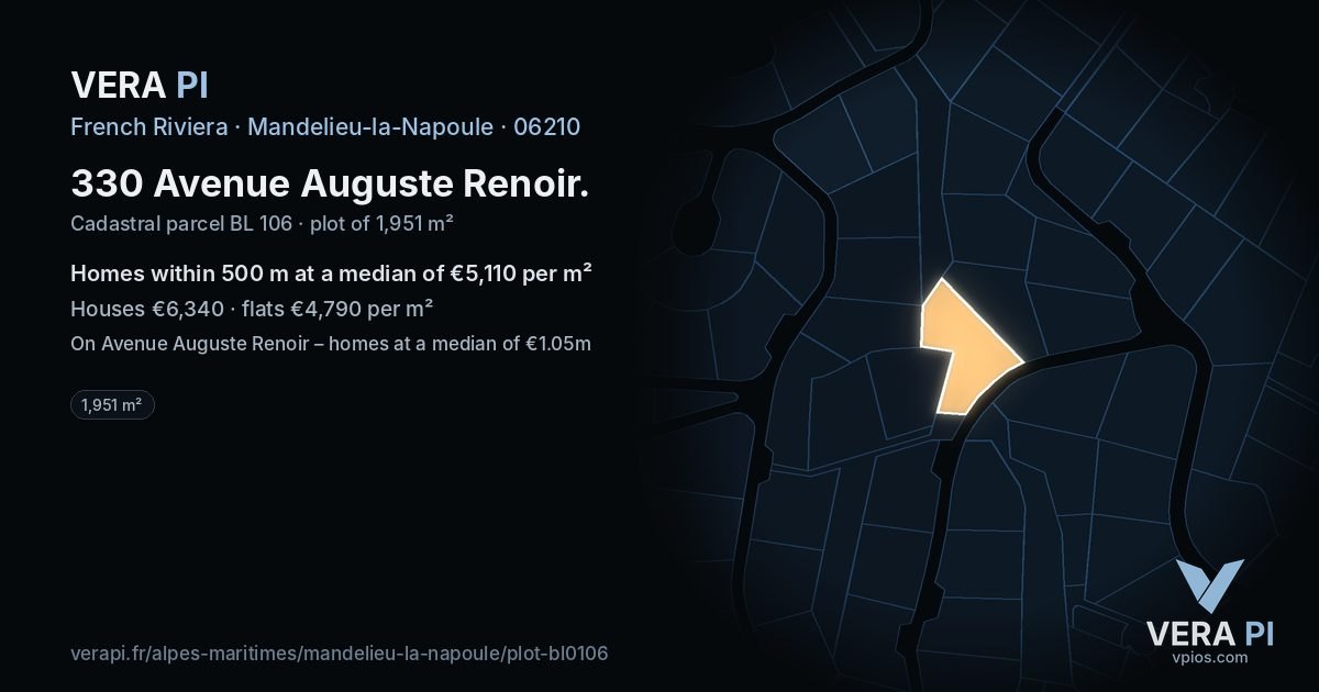 330 Avenue Auguste Renoir, Mandelieu-la-Napoule at night – the plot lit, the parcels around coloured by the prices near them