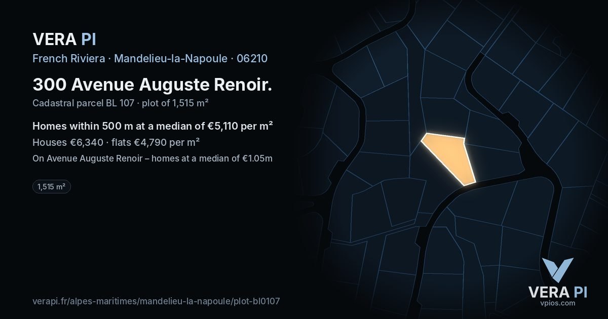 300 Avenue Auguste Renoir, Mandelieu-la-Napoule at night – the plot lit, the parcels around coloured by the prices near them