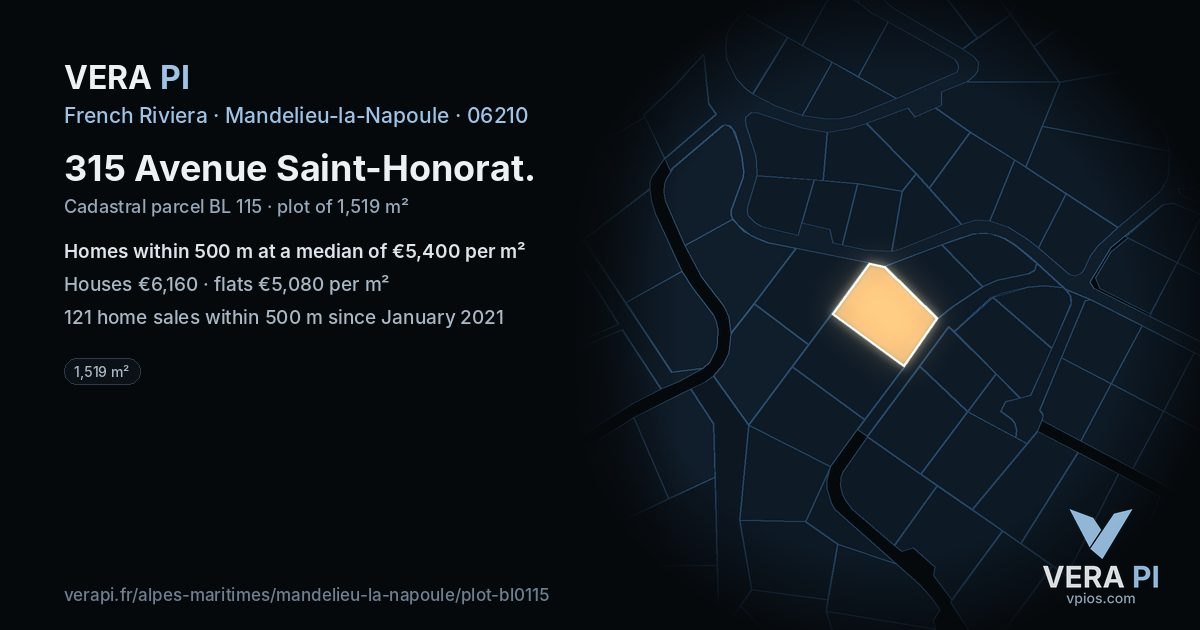 315 Avenue Saint-Honorat, Mandelieu-la-Napoule at night – the plot lit, the parcels around coloured by the prices near them
