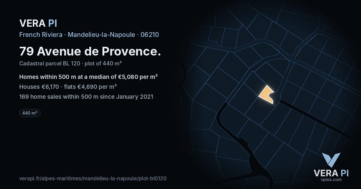 79 Avenue de Provence, Mandelieu-la-Napoule at night – the plot lit, the parcels around coloured by the prices near them