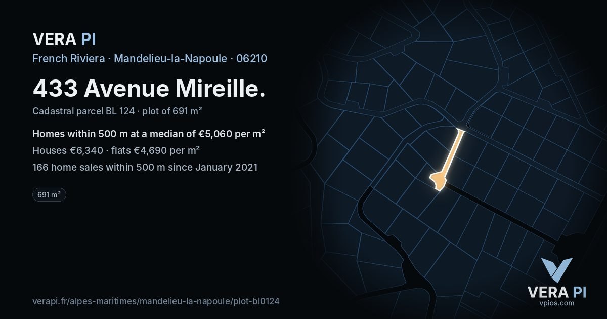 433 Avenue Mireille, Mandelieu-la-Napoule at night – the plot lit, the parcels around coloured by the prices near them