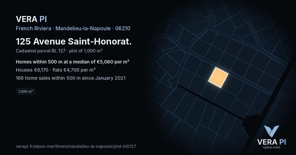 125 Avenue Saint-Honorat, Mandelieu-la-Napoule at night – the plot lit, the parcels around coloured by the prices near them
