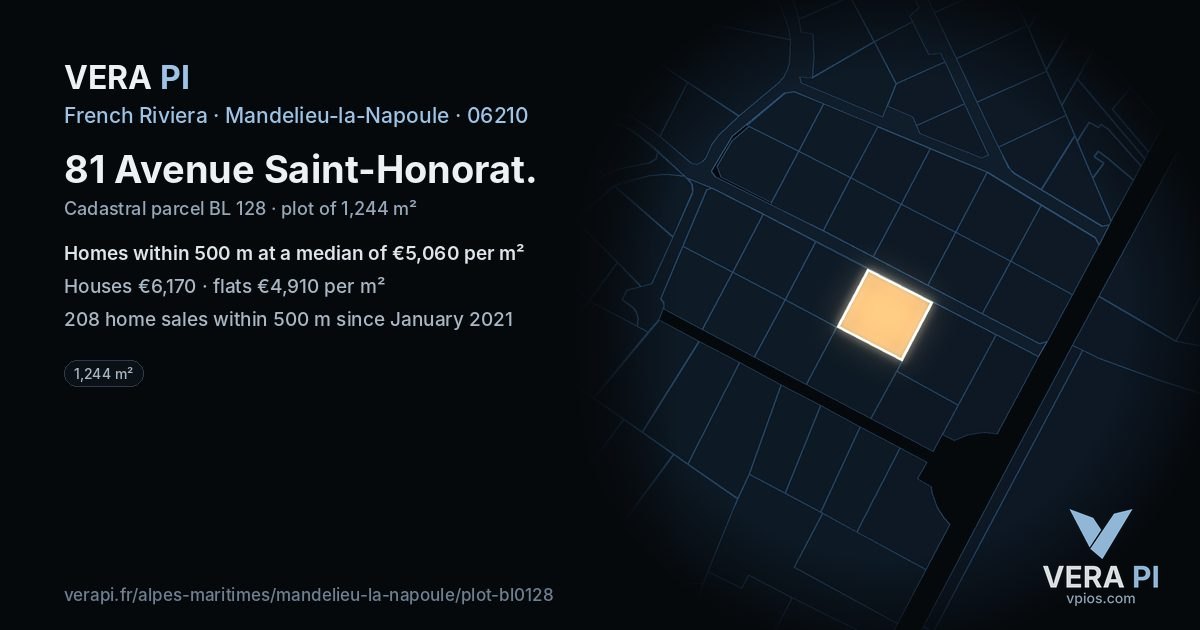 81 Avenue Saint-Honorat, Mandelieu-la-Napoule at night – the plot lit, the parcels around coloured by the prices near them