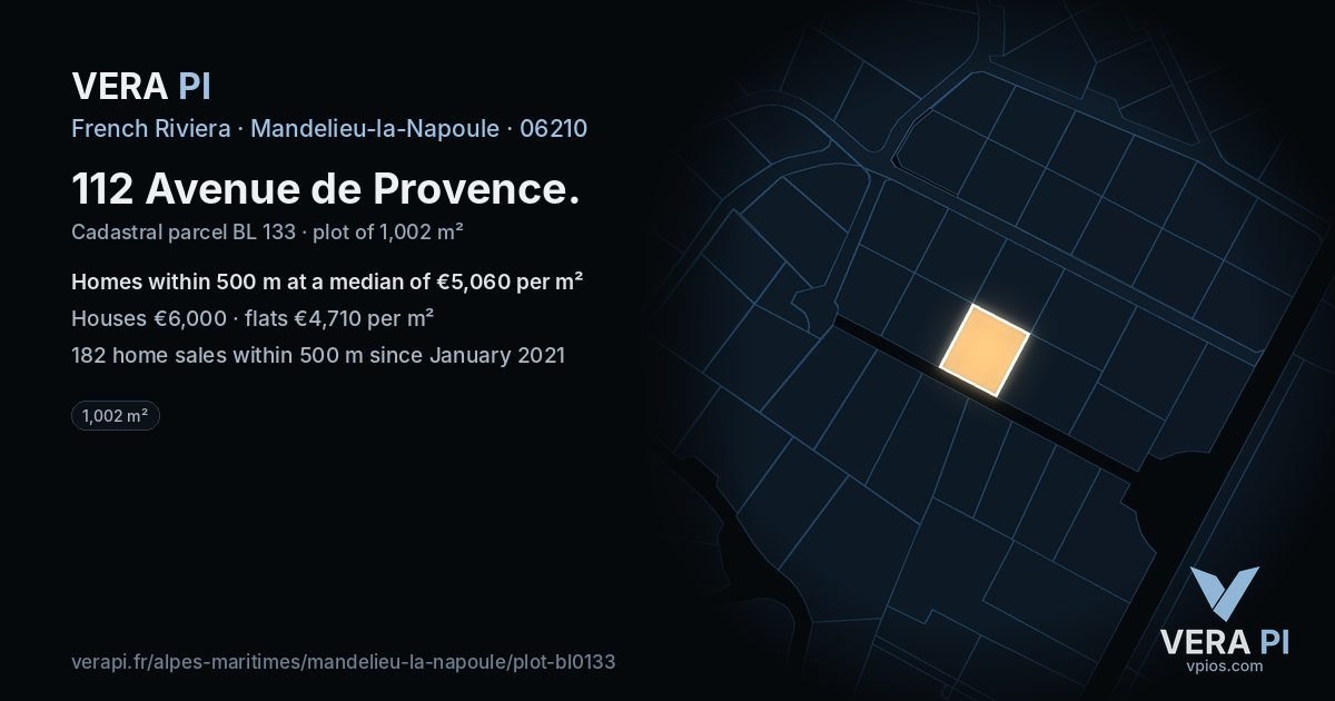 112 Avenue de Provence, Mandelieu-la-Napoule at night – the plot lit, the parcels around coloured by the prices near them